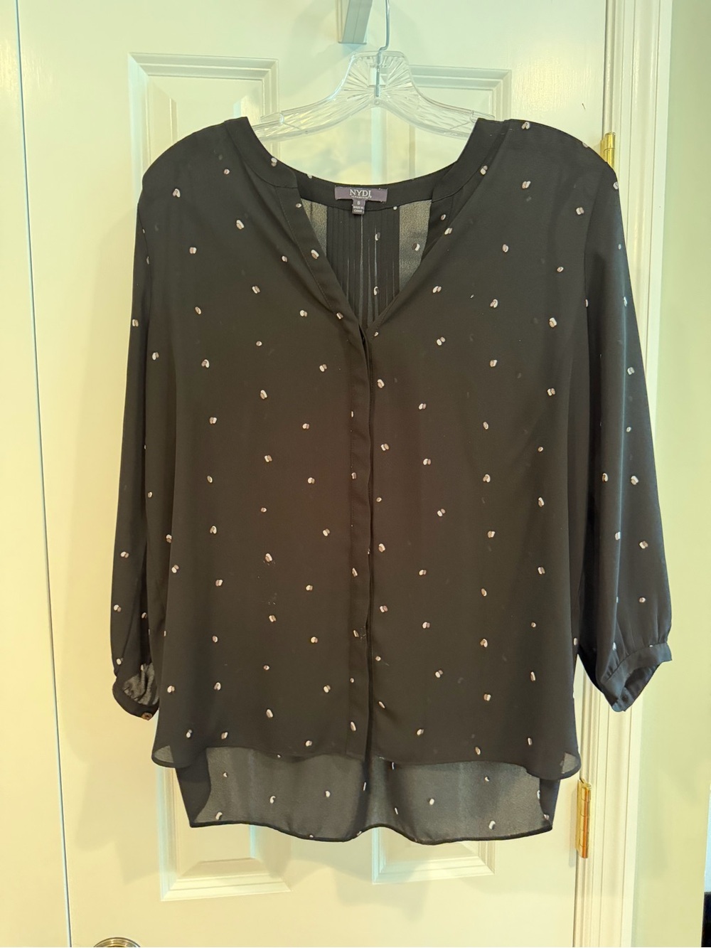 NYDJ Black Sheer Button-Front Blouse with Ivory Dot Detail